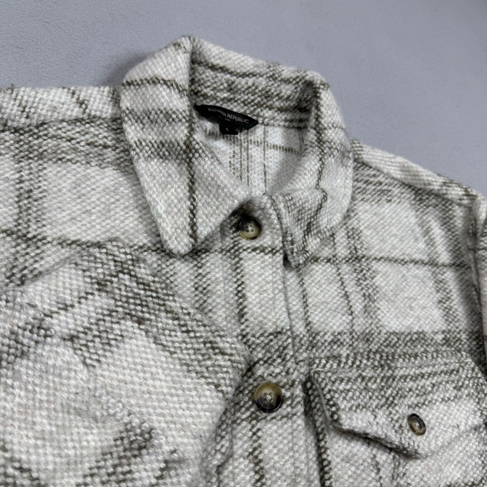 Banana Republic Plaid Wool Blend Shacket Cream Brown Textured Shirt Jacket Small